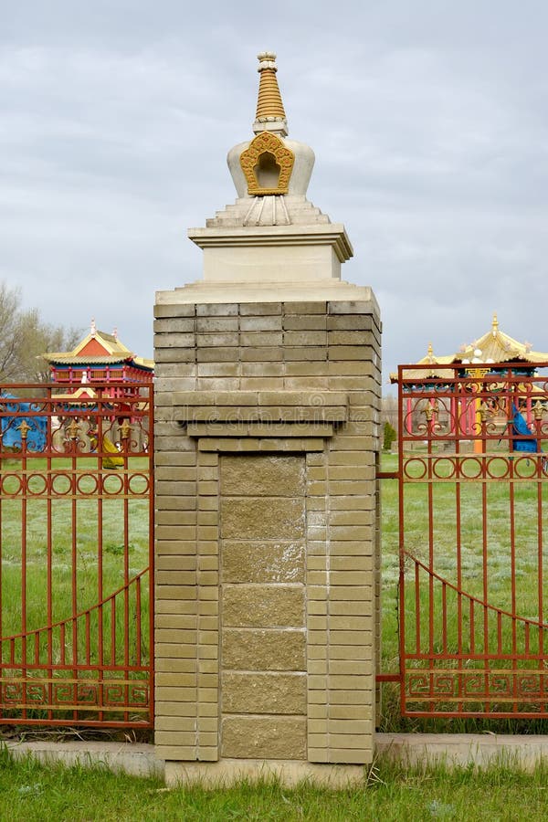 Reconciliation mortar on a support of a fencing of the Buddhist temple complex `Gold Monastery of Buddha Shakyamuni`. Elista, Kalmykia. Reconciliation mortar on a support of a fencing of the Buddhist temple complex `Gold Monastery of Buddha Shakyamuni`. Elista, Kalmykia