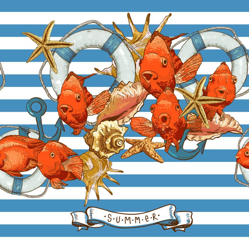 Summer Card with Sea Shells, Anchor, Lifeline and fish on Striped Background . Summer Card with Sea Shells, Anchor, Lifeline and fish on Striped Background .