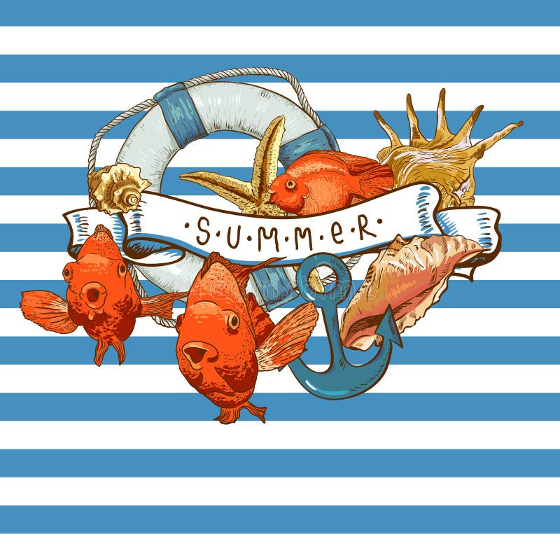 Summer Card with Sea Shells, Anchor, Lifeline and fish on Striped Background . Summer Card with Sea Shells, Anchor, Lifeline and fish on Striped Background .