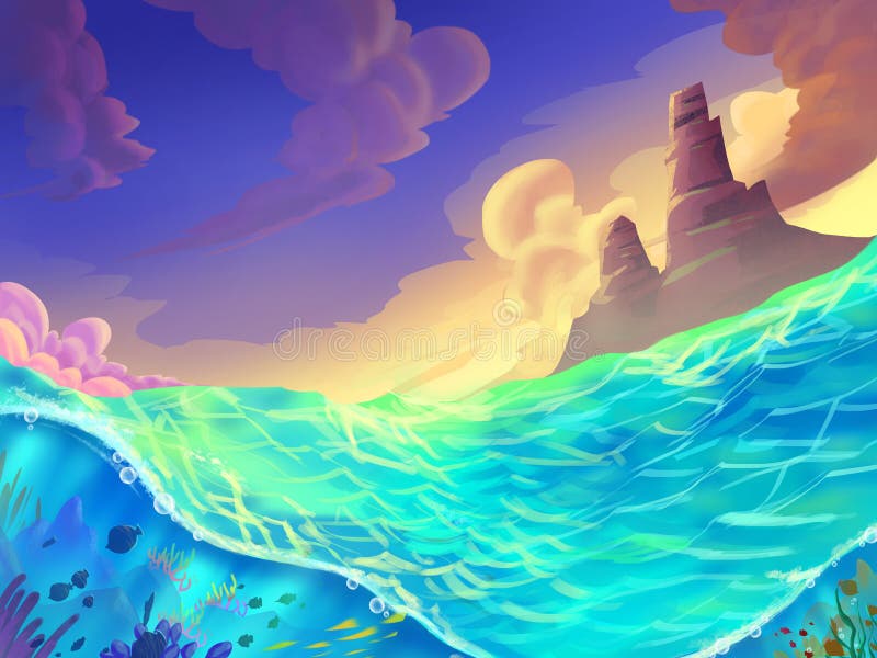 Morze na słonecznym dniu z Fantastycznym, Realistycznym i Futurystycznym stylem, ilustracji Morze na słonecznym dniu z Fantastycznym, Realistycznym i Futurystycznym stylem, ilustracji