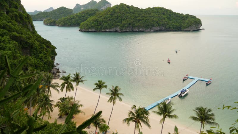 Morze spokojne w pobliżu zielonej dżungli Pokojowy ocean z turkusową wodą, białe piaszczyste wybrzeże tropikalne w raju Ang Thong