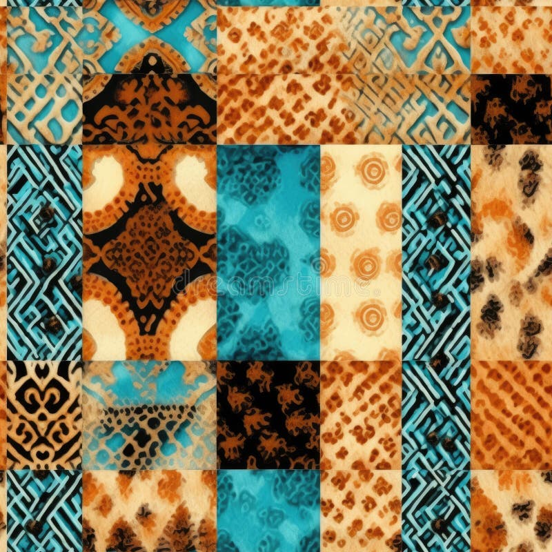 Mosaic Collage of Leopard Print and Geometric Patterns in Warm and Cool Tones. AI generated