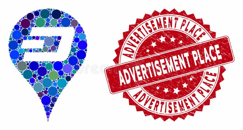 Mosaic Dashcoin Map Pointer with Distress Advertisement Place Seal stock illustration