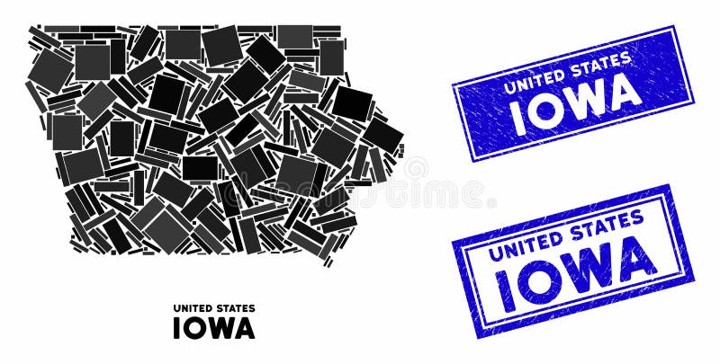 Mosaic Iowa State Map and Grunge Rectangle Seals royalty free illustration Mosaic Iowa State Map and Grunge Rectangle Seals royalty free illustration