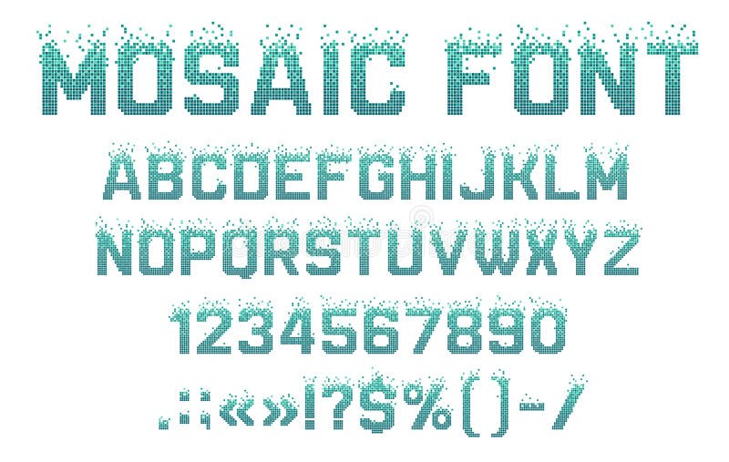 Mosaic pixel font, fission typeface, pool alphabet