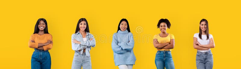 Mosaic of pretty millennial multiethnic women on yellow background royalty free stock photo