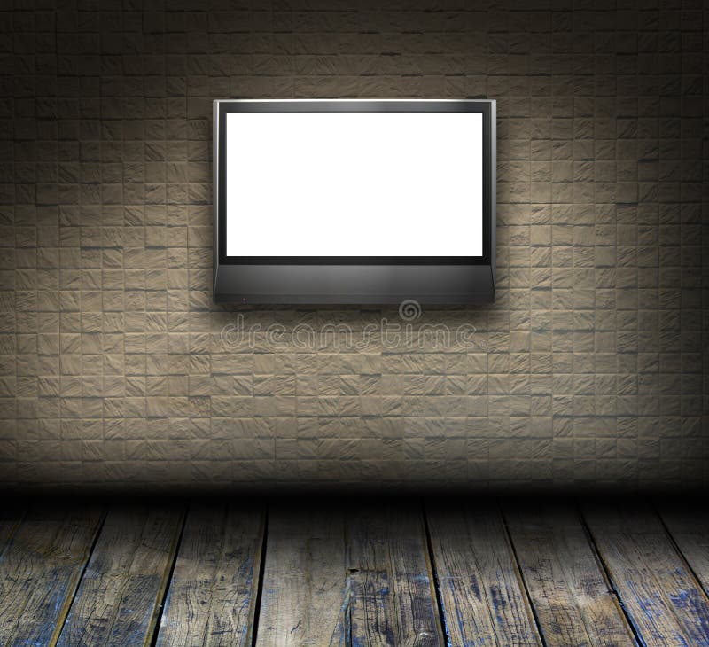 Mosaic grunge room interior with LCD tv. Tv wall pattern illustrations