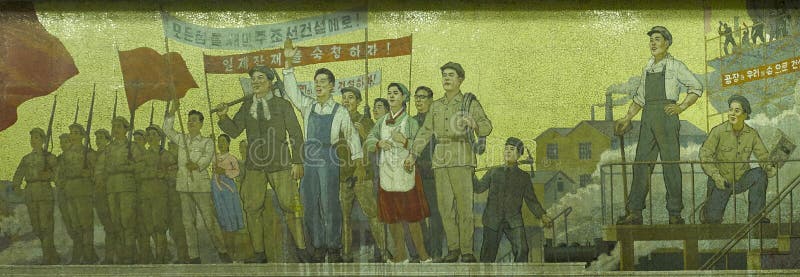 Mosaic in Pyongyang metro station, North Korea. Mosaic showing typical Northkorean style propaganda art in underground metro station in Pyongyang, Democratic royalty free stock image Mosaic in Pyongyang metro station, North Korea. Mosaic showing typical Northkorean style propaganda art in underground metro station in Pyongyang, Democratic royalty free stock image