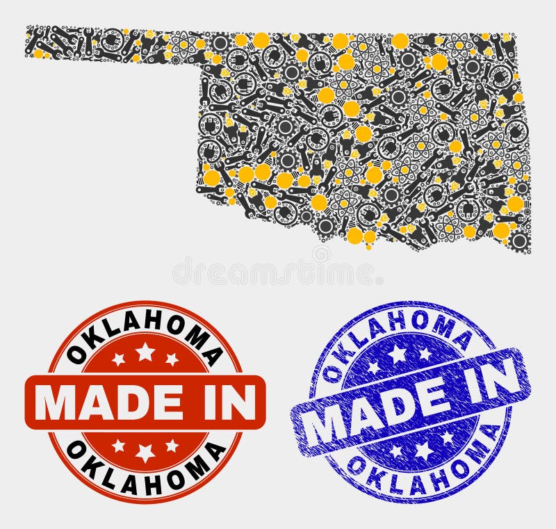 Mosaic Oklahoma State Map of Industry Items and Made in Grunge Seal