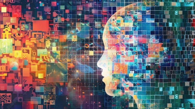 Mosaic visualization of AI insights with sectors like healthcare, finance, education. AI insights stock photo