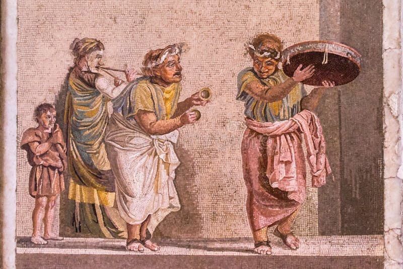 Mosaico da Pompei, Italia che mostra i musicisti della via fotografie stock libere da diritti Mosaico da Pompei, Italia che mostra i musicisti della via fotografie stock libere da diritti