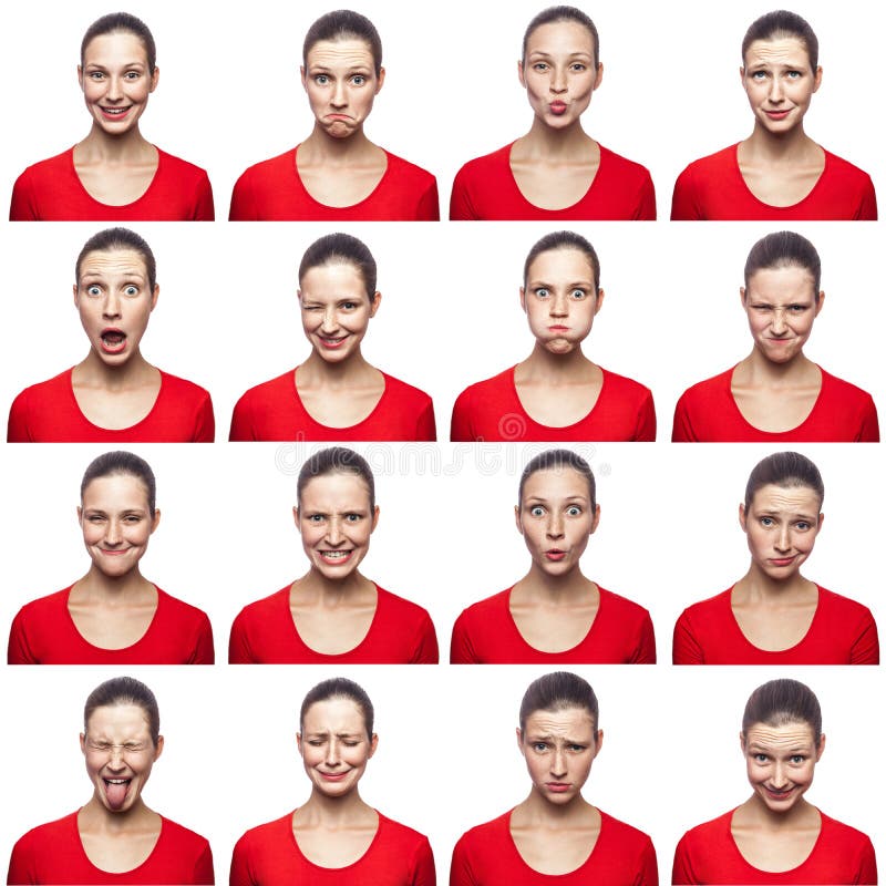 Mosaico de la mujer con las pecas que expresan diversas expresiones de las emociones La mujer con la camiseta roja con 16 diversa