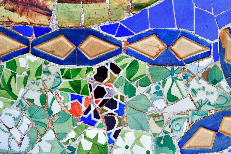 Part of mosaic of Antoni gaudi in Guell park in Barcelona, Spain, Europe. Part of mosaic of Antoni gaudi in Guell park in Barcelona, Spain, Europe