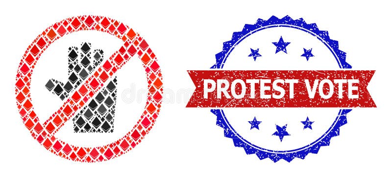 Mosaico di gemme: stop alle urne con l'icona della mano e un simbolo di protesta di bicolore non pulito illustrazione di stock