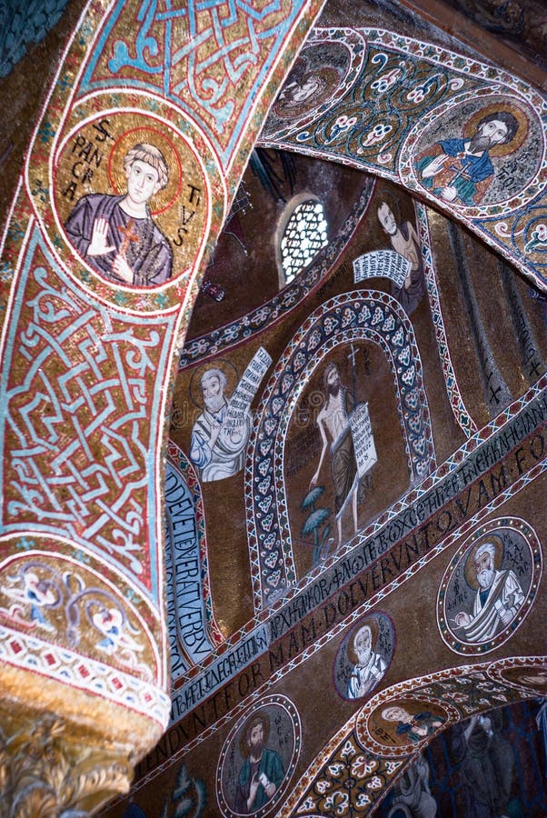 Mosaics from Cappella Palatina. The Palatine Chapel in the Normans Palace.Palatine Chapel in Norman palace in style of Byzantine architecture from years 1132 - 1170