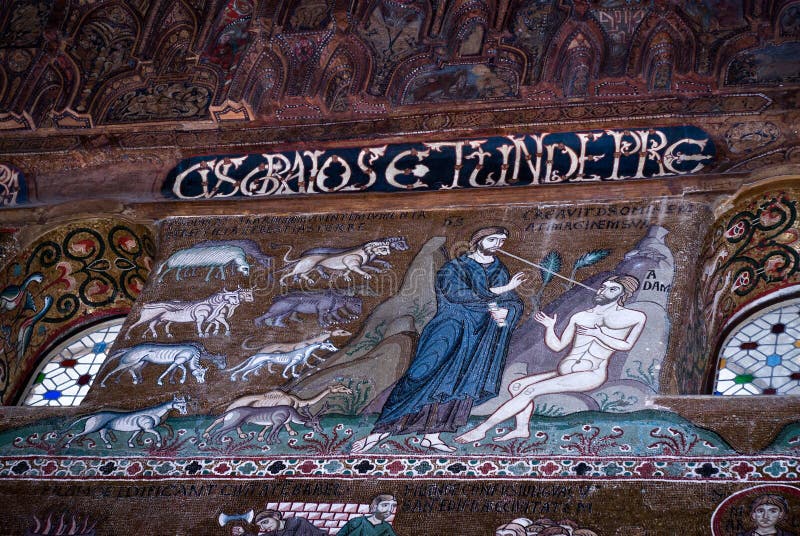 Mosaics from Cappella Palatina. The Palatine Chapel in the Normans Palace.Palatine Chapel in Norman palace in style of Byzantine architecture from years 1132 - 1170