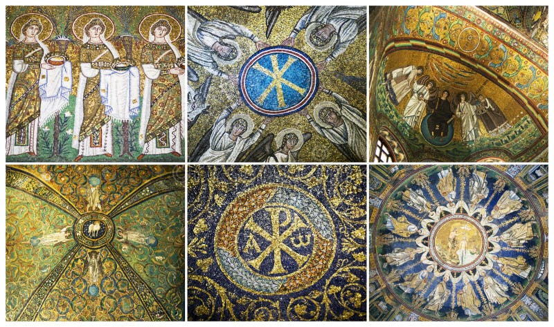 UNESCO World Heritage Site. Collage of the magnificent mosaics of Ravenna. UNESCO World Heritage Site. Collage of the magnificent mosaics of Ravenna