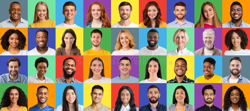 Mosaik multiethnischer Menschen porträtiert positives Lächeln und sieht Kamera mit farbenfrohen Hintergründen an stockfoto