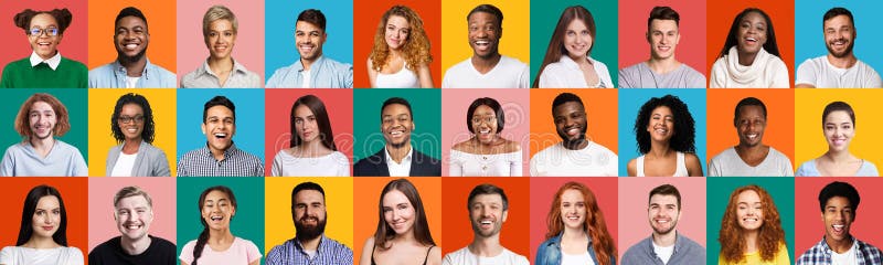 Mosaik von Gesichtern von den multiethnischen Menschen, die auf bunten Herkunft darstellen lizenzfreies stockfoto
