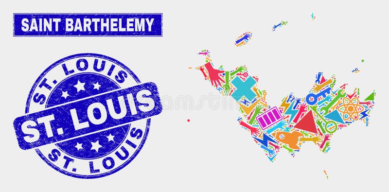 Mosaiken bearbetar den St Barthelemy översikten och skrapad St Louis Watermark royaltyfri illustrationer Mosaiken bearbetar den St Barthelemy översikten och skrapad St Louis Watermark royaltyfri illustrationer