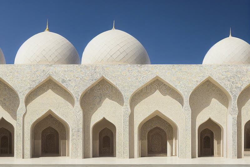 Moschea beige esterna con cupole e finitura a parete con schema geometrico.