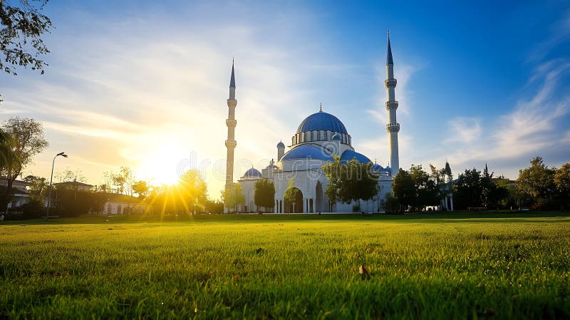 Moschee generative AI Sunlit cu Domes Blue Domes și Minarets Under Vibrant Blue Sky și Green Peisage royalty free illustration