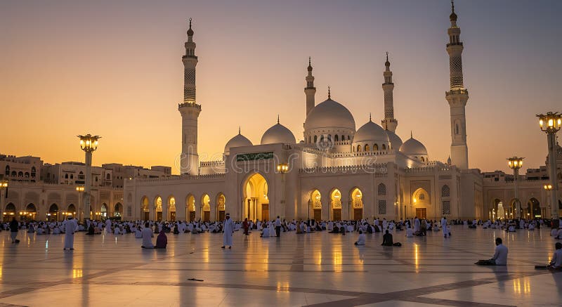 Moschee la apus cu oameni. Generat de AI : O moschee mare este iluminată la apus, cu oameni adunați în curtea deschisă potrivită pentru călătorii sau proiecte tematice religioase