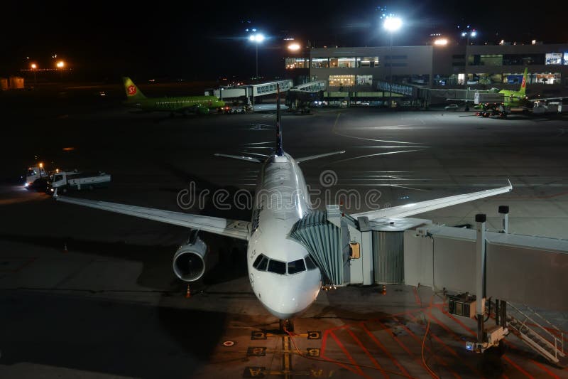 MOSCOU, RÚSSIA - 2 DE SETEMBRO DE 2017: aeroporto Domodedovo na noite, pegarando o plano antes da partida Reabastecimento e carga foto de stock royalty free MOSCOU, RÚSSIA - 2 DE SETEMBRO DE 2017: aeroporto Domodedovo na noite, pegarando o plano antes da partida Reabastecimento e carga foto de stock royalty free