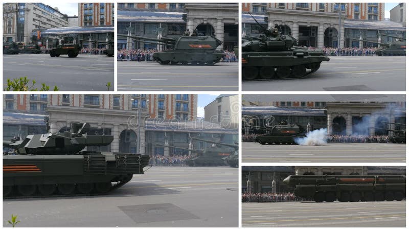MOSCOU, RÚSSIA equipamento militar do 7 de maio de 2016 na rua de Tverskaya collage