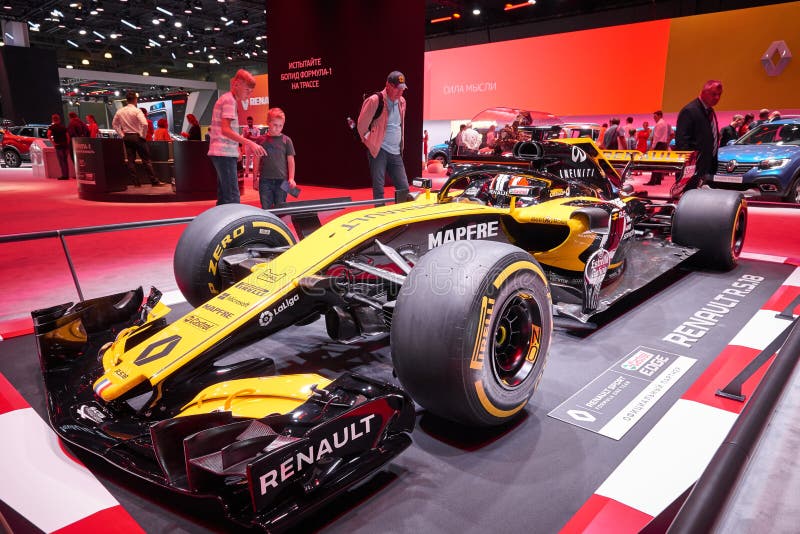 MOSCOW, AUG.31, 2018: View on Formula One race car of Renault team on exhibition stand on MMAC 2018. Automobile show of luxury and royalty free stock photography MOSCOW, AUG.31, 2018: View on Formula One race car of Renault team on exhibition stand on MMAC 2018. Automobile show of luxury and royalty free stock photography