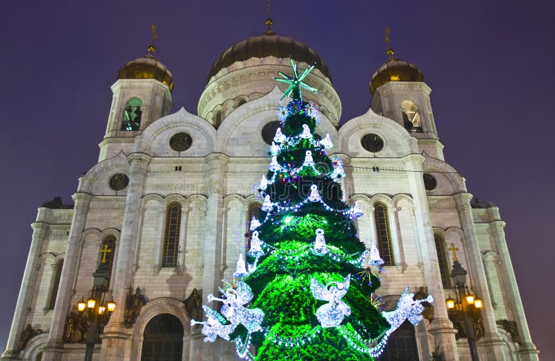 Moscow, Christmas Tree and Cathedral Editorial Stock Image Image of
