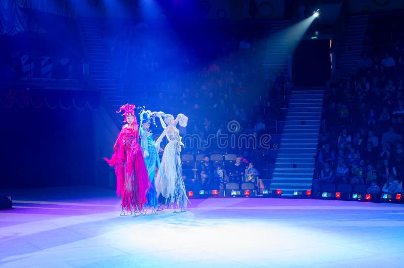 Moscow Circus on Ice on tour. Three elements skating on stilts stock image Moscow Circus on Ice on tour. Three elements skating on stilts stock image