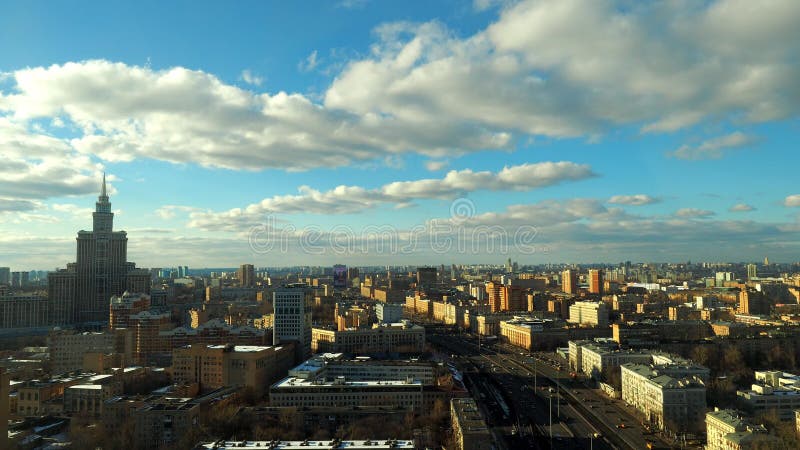 Moscow cloudy sky time lapse. Leningradsky prospekt avenue . High altitude shot