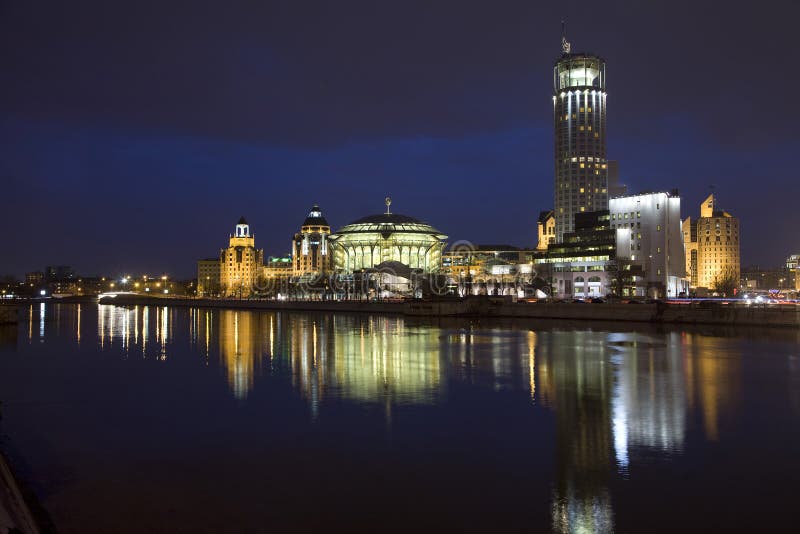 Moscow International House of Music and business centre Riverside Towers in evening light, Moscow, Russia