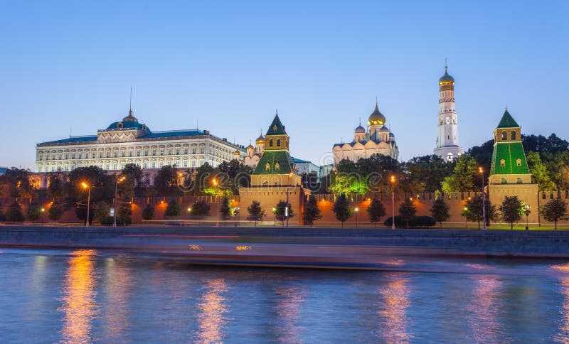 Moscow, night view of the Moskva River, Bridge and the Kremlin