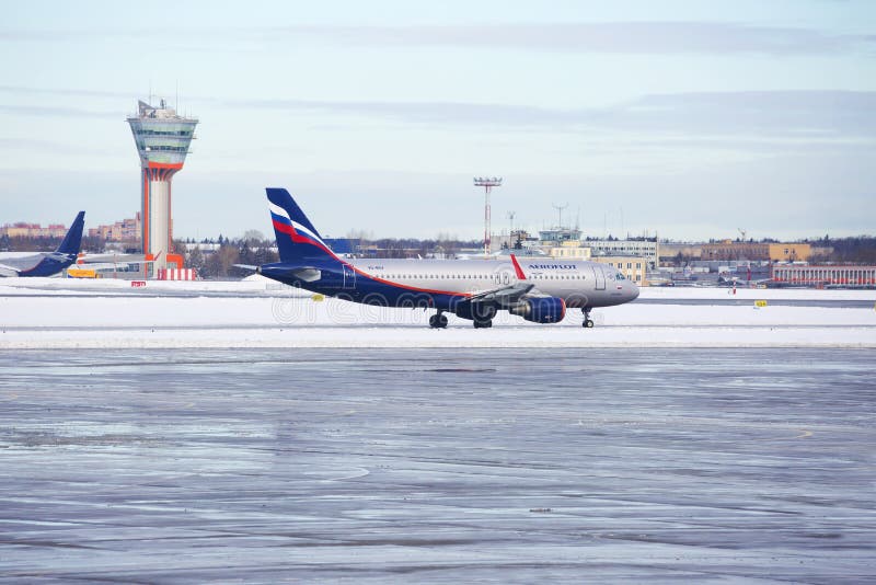 Moscow, Russia, Aeroflot Plane at the airport at Sheremetyevo airport in the winter.