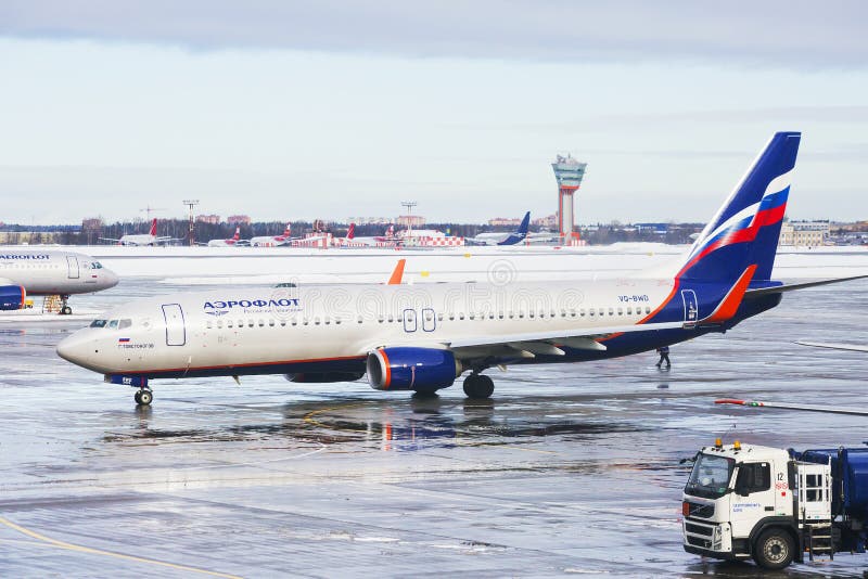 Moscow, Russia, Aeroflot Plane at the airport at Sheremetyevo airport in the winter.