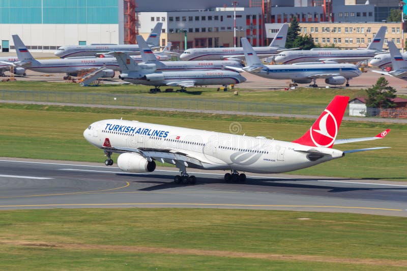 Moscow, Russia - 07/02/2018: Airbus A330 `THY Turkish Airlines` with registration number TC-JNL lands at Moscow Vnukovo Airport