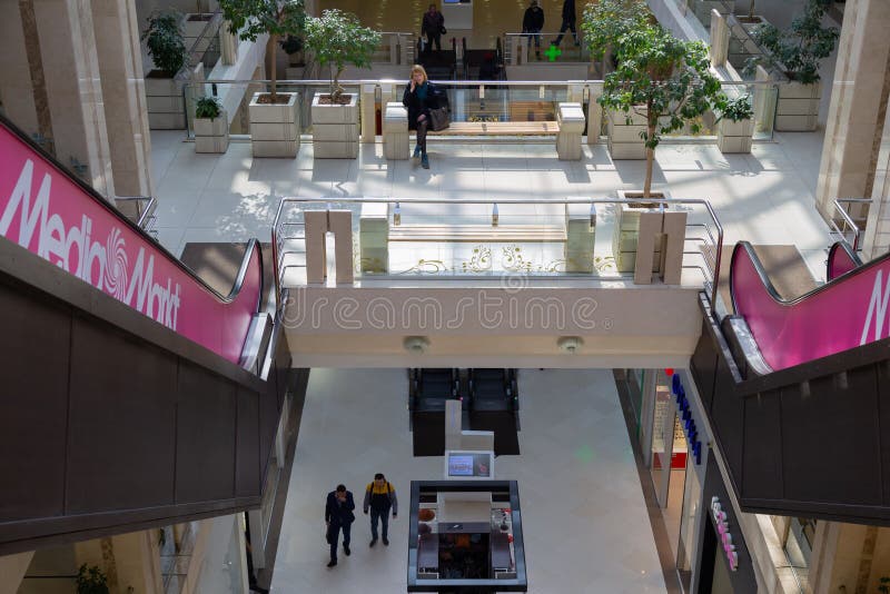 The entrance of Media markt with stickers to help people keep their  distance in Oostakker, Belgium on May 9, 2020. Belgium will start phase two  with the opening of shops allowing more