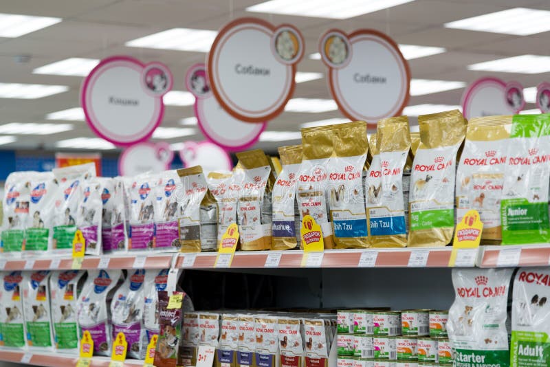 Moscow, Russia - April 16.2016. Food for dogs and cats in Four paws pet store