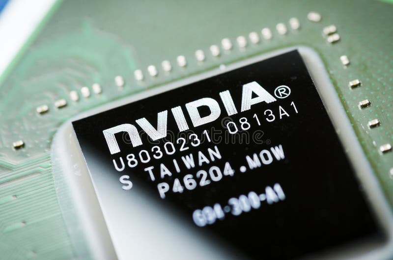 Moscow, Russia - April 7, 2019: NVIDIA microchip on the motherboard, close-up stock photography Moscow, Russia - April 7, 2019: NVIDIA microchip on the motherboard, close-up stock photography