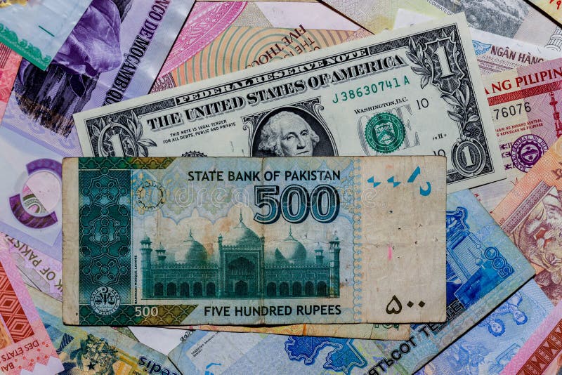 one us dollar with different pakistani rupee banknotes stock image - image of america, debt: 179846639