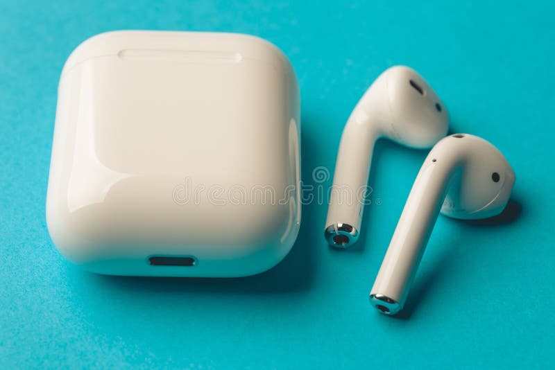Moscow, Russia - Circa December 2018: Apple AirPods - wireless bluetooth earphones or headphones, use with Iphone, Ipad or Mac