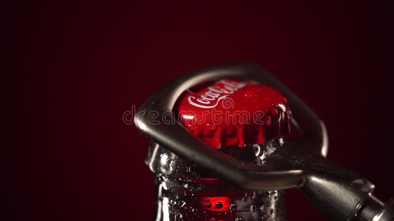 Moscow, Russia 14 04 2020: Close Macro Bottle Red Cap of Coca Cola Open with Gray Opener on Background. Coca Editorial Stock Photo - Image of droplets, advertising: 182120863