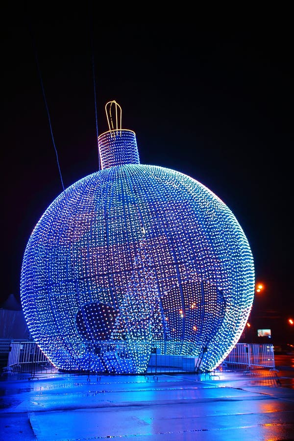 Luminous blue colors art sculpture in the form of a huge sphere installed in the city of Moscow on Kutuzovskiy prospekt