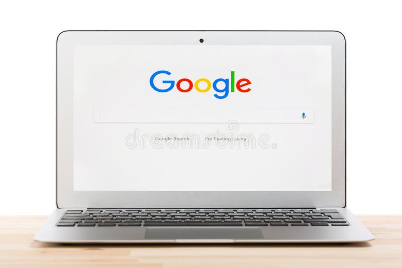 Moscow, Russia - July, 2018: Google start web homepage on laptop display against isolated background. Google is an American world royalty free stock photography Moscow, Russia - July, 2018: Google start web homepage on laptop display against isolated background. Google is an American world royalty free stock photography