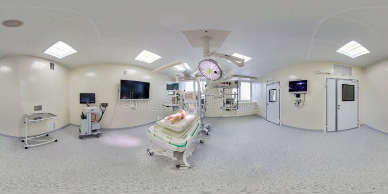MOSCOW, RUSSIA - JUNE 2022: full hdri 360 panorama near infant incubator box in maternity surgical ward of medical hospital with