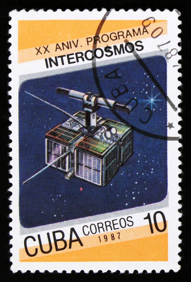 Cuba from 20th anniversary of Intercosmos program issue shows space satellite, circa 1987 stock photos Cuba from 20th anniversary of Intercosmos program issue shows space satellite, circa 1987 stock photos