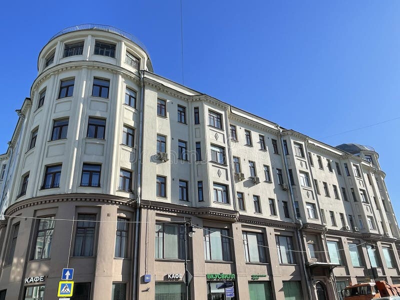 26 Sretenka Street, Moscow, against the blue sky. The house of the St. Petersburg Insurance Company with the Odeon cinema, 1912-1914. 26 Sretenka Street, Moscow, against the blue sky. The house of the St. Petersburg Insurance Company with the Odeon cinema, 1912-1914