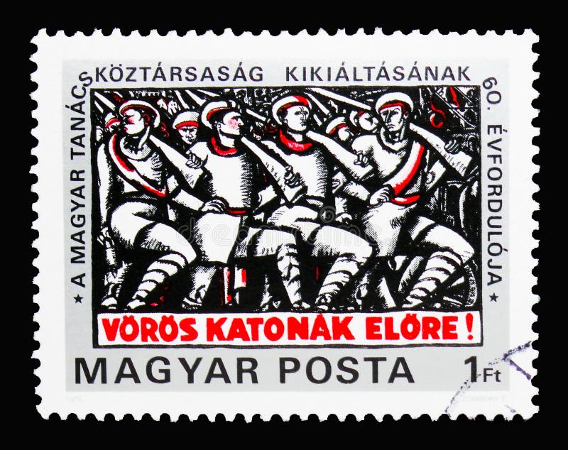 60th anniversary of Hungarian Soviet Republic, Founding of the S. MOSCOW, RUSSIA - MARCH 18, 2018: A stamp printed in Hungary shows 60th anniversary of Hungarian royalty free stock image 60th anniversary of Hungarian Soviet Republic, Founding of the S. MOSCOW, RUSSIA - MARCH 18, 2018: A stamp printed in Hungary shows 60th anniversary of Hungarian royalty free stock image